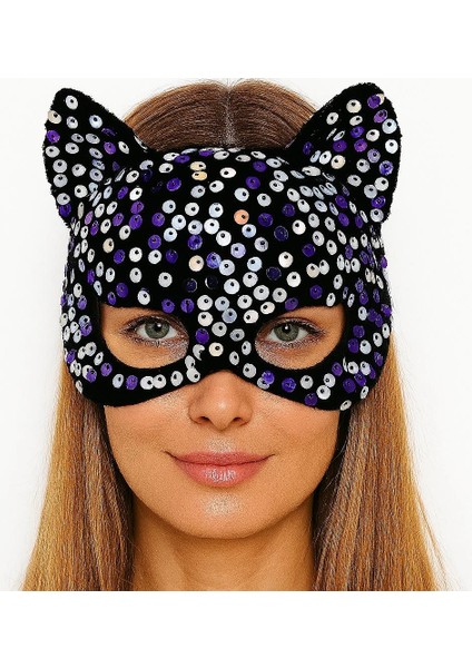 çınar ticaret siyah kadife kumaş üzerine mor beyaz payetli pullu parti maskesi 16x14 cm