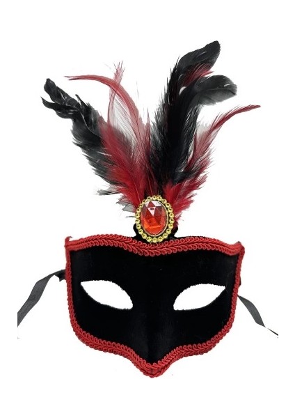 çınar ticaret kırmızı tüylü siyah süet kaplama parti maskesi