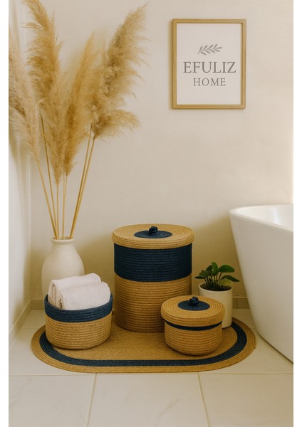 Jüt-Hasır Bambu Lacivert Renk Banyo Takımı, Çamaşır-Makyaj-Düzenleyileyici Set, Sepet, Halı - Paspas