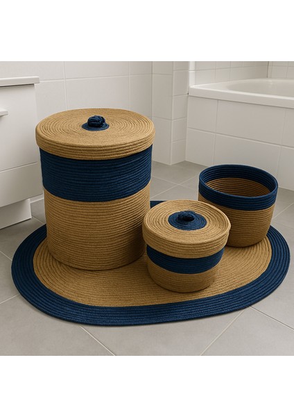 Jüt-Hasır Bambu Lacivert Renk Banyo Takımı, Çamaşır-Makyaj-Düzenleyileyici Set, Sepet, Halı - Paspas fiyatları