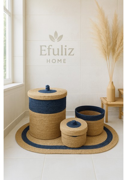 Jüt-Hasır Bambu Lacivert Renk Banyo Takımı, Çamaşır-Makyaj-Düzenleyileyici Set, Sepet, Halı - Paspas modelleri