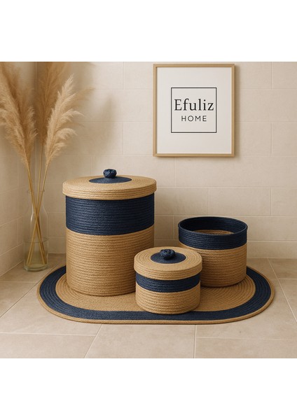 Jüt-Hasır Bambu Lacivert Renk Banyo Takımı, Çamaşır-Makyaj-Düzenleyileyici Set, Sepet, Halı - Paspas fırsatları