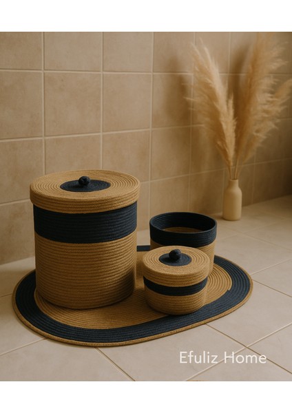 Jüt-Hasır Bambu Lacivert Renk Banyo Takımı, Çamaşır-Makyaj-Düzenleyileyici Set, Sepet, Halı - Paspas