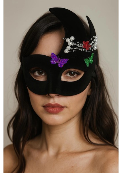 çınar ticaret siyah renk ıncili taşlı süet kaplama venedik parti maskesi 20x22 cm