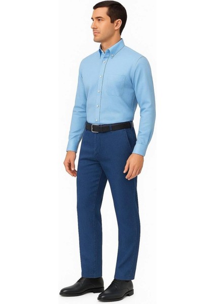 Rahat Kesim Likralı Pamuklu Erkek Baba Açık Mavi Keten Pantolon