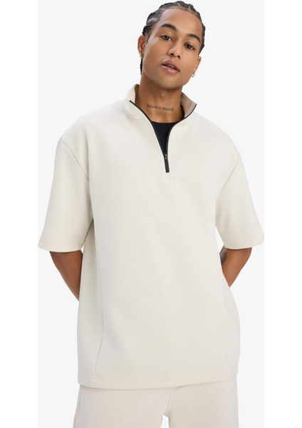 Standart Fit Dik Yaka Fermuarlı Sporcu Kısa Kollu Skuba Dalgıç Kumaş Tişört E3962AX25SP