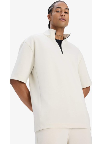 Standart Fit Dik Yaka Fermuarlı Sporcu Kısa Kollu Skuba Dalgıç Kumaş Tişört E3962AX25SP