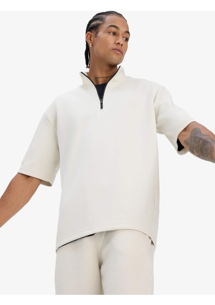 Standart Fit Dik Yaka Fermuarlı Sporcu Kısa Kollu Skuba Dalgıç Kumaş Tişört E3962AX25SP