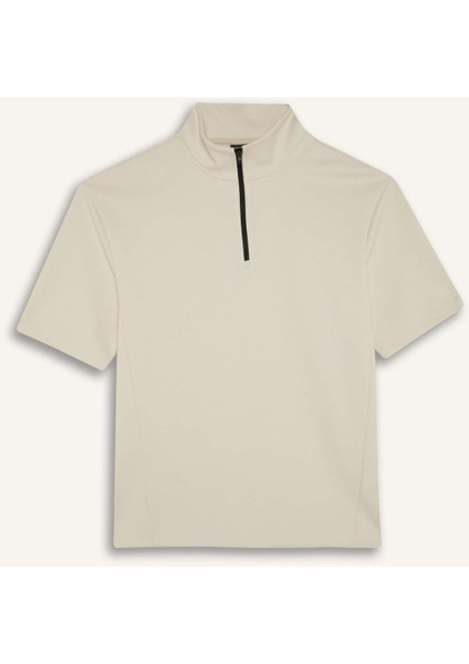 Standart Fit Dik Yaka Fermuarlı Sporcu Kısa Kollu Skuba Dalgıç Kumaş Tişört E3962AX25SP