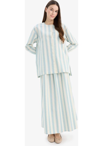 A Kesim Çizgili Keten Karışımlı Maxi Etek E4566AX25SP