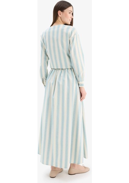 A Kesim Çizgili Keten Karışımlı Maxi Etek E4566AX25SP