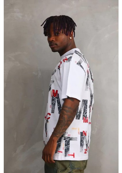 Unisex Baskılı Oversize T-Shirt - Beyaz fırsatları