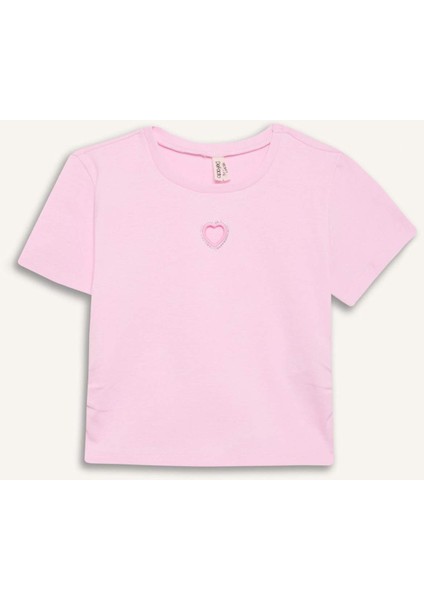 Kız Çocuk Slim Fit Dar Kesim Bisiklet Yaka Kalp Desenli Ribana Kısa Kollu Tişört
