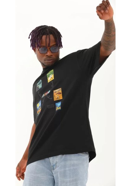 Unisex Oversize Baskılı Bisiklet Yaka T-Shirt - Siyah