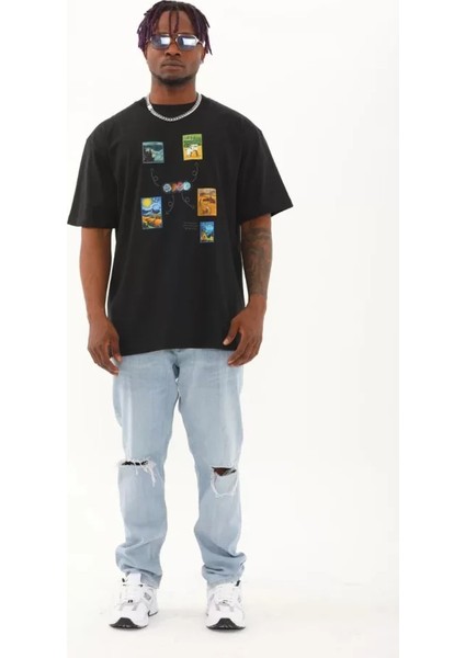 Unisex Oversize Baskılı Bisiklet Yaka T-Shirt - Siyah fırsatları