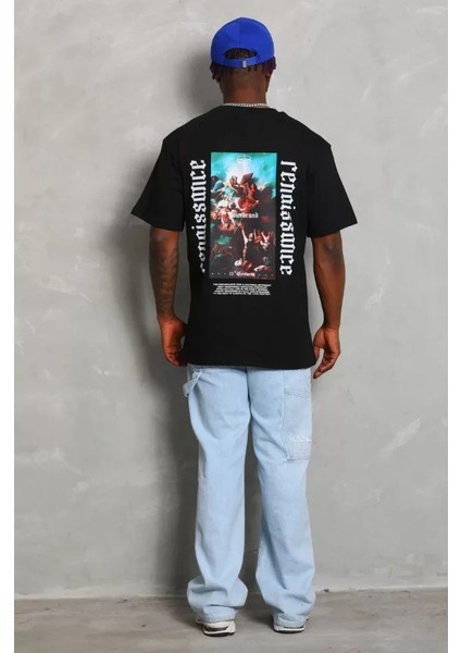 Unisex Oversize Baskılı Bisiklet Yaka T-Shirt - Siyah fırsatları