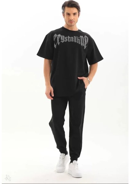Unisex Oversize Taşlı T-Shirt - Siyah fırsatları