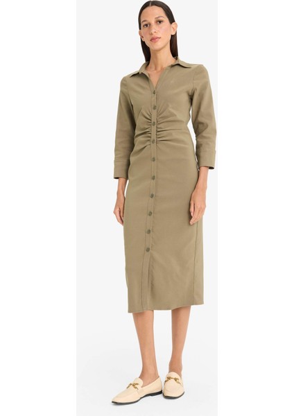 Gömlek Yaka Basic Düz Düğmeli Beli Büzgülü Bengalin Yarım Kollu Elbise