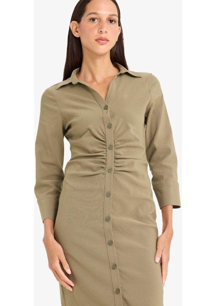 Gömlek Yaka Basic Düz Düğmeli Beli Büzgülü Bengalin Yarım Kollu Elbise