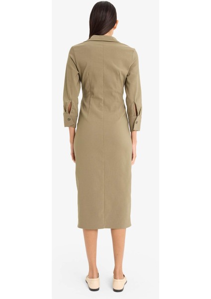 Gömlek Yaka Basic Düz Düğmeli Beli Büzgülü Bengalin Yarım Kollu Elbise