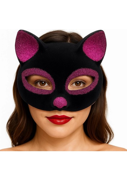 çınar ticaret siyah renk fuşya simli süet kaplama kedi maskesi 18x14 cm