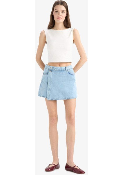 Yüksek Bel Cepli Mini Jean Şort Etek E4697AX25SM