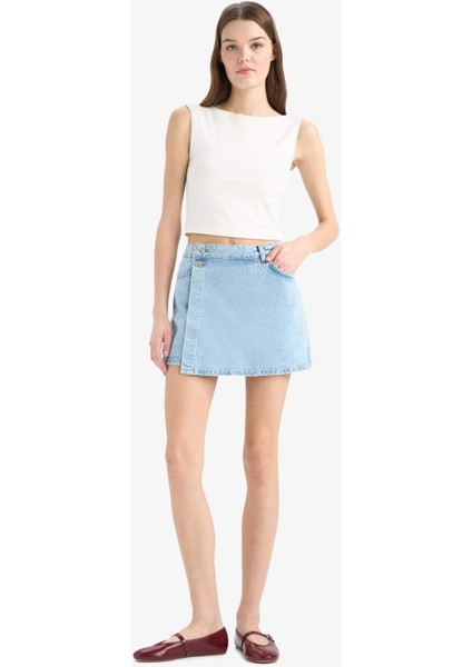 Yüksek Bel Cepli Mini Jean Şort Etek E4697AX25SM