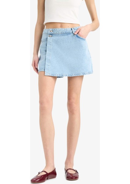 Yüksek Bel Cepli Mini Jean Şort Etek E4697AX25SM