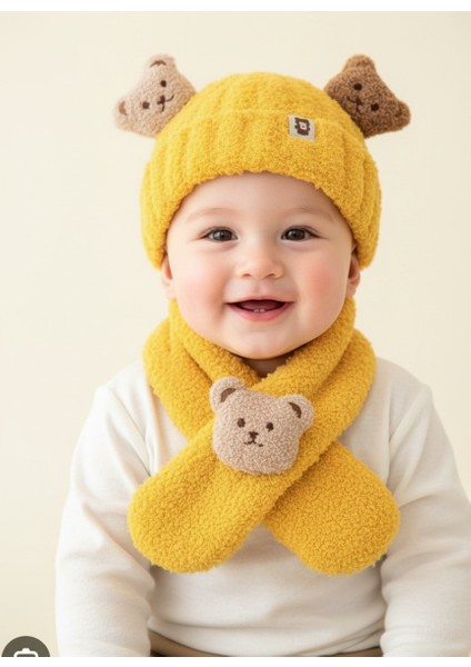 Ayıcık Desenli Çocuk Bere ve Atkı Takımı