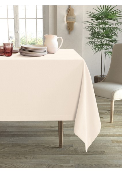 Kadife Dokulu Ekru Renk Masa Örtüsü
