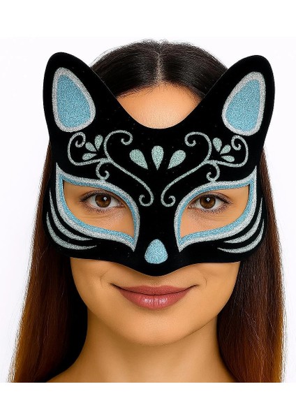 çınar ticaret siyah renk süet kaplama üzeri gümüş mavi simli kedi maskesi 17x14 cm