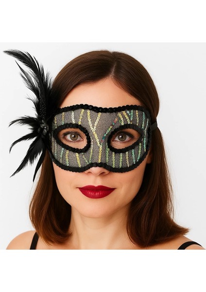 çınar ticaret siyah renk yandan tüylü pul payet ışlemeli parti maskesi 23x12 cm