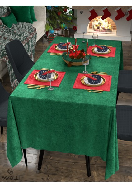 Kadife Dokulu Zümrüt Masa Örtüsü