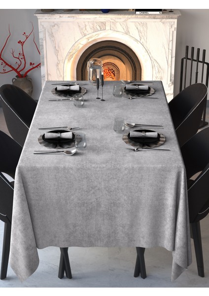 Kadife Dokulu Gümüş Grisi Masa Örtüsü