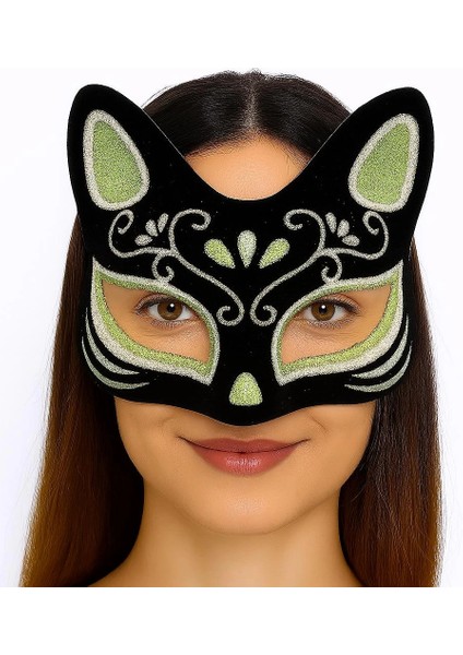 çınar ticaret siyah renk süet kaplama üzeri gümüş yeşil simli kedi maskesi 17x14 cm