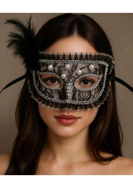 çınar ticaret siyah renk yandan tüylü ınci ışlemeli taşlı dantelli parti maskesi 17x12 cm