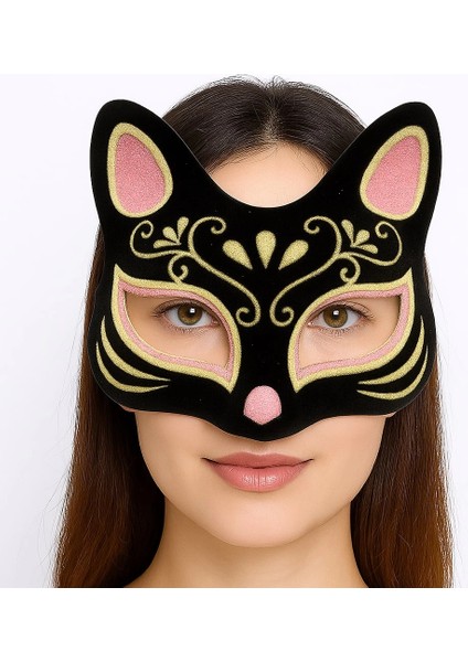 çınar ticaret siyah renk süet kaplama üzeri pembe sarı simli kedi maskesi 17x14 cm
