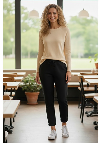 Sy & Black Kadın Çelik Örgü Beli Lastikli ve Bağcıklı Geniş Beden Aralıklı Jogger Pantolon 25P-03 Siyah fiyatları