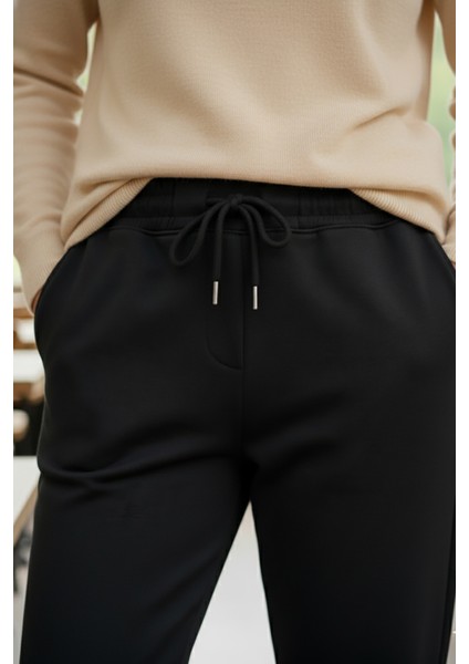 Sy & Black Kadın Çelik Örgü Beli Lastikli ve Bağcıklı Geniş Beden Aralıklı Jogger Pantolon 25P-03 Siyah modelleri