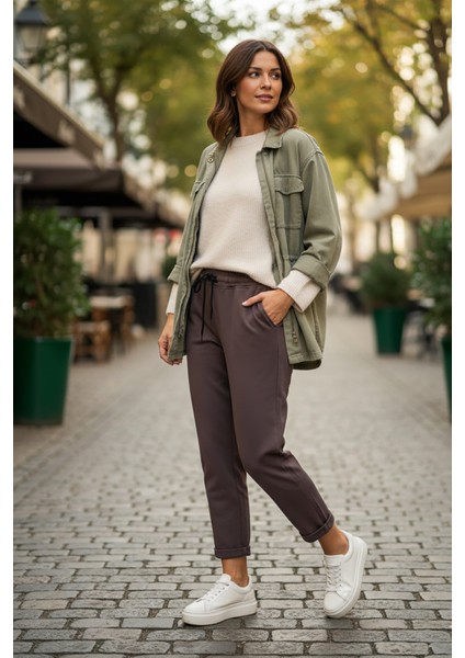 Sy & Black Kadın Çelik Örgü Beli Lastikli ve Bağcıklı Geniş Beden Aralıklı Jogger Pantolon 25P-03 Füme