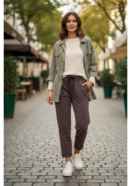 Sy & Black Kadın Çelik Örgü Beli Lastikli ve Bağcıklı Geniş Beden Aralıklı Jogger Pantolon 25P-03 Füme fiyatları