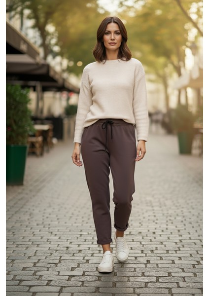 Sy & Black Kadın Çelik Örgü Beli Lastikli ve Bağcıklı Geniş Beden Aralıklı Jogger Pantolon 25P-03 Füme modelleri