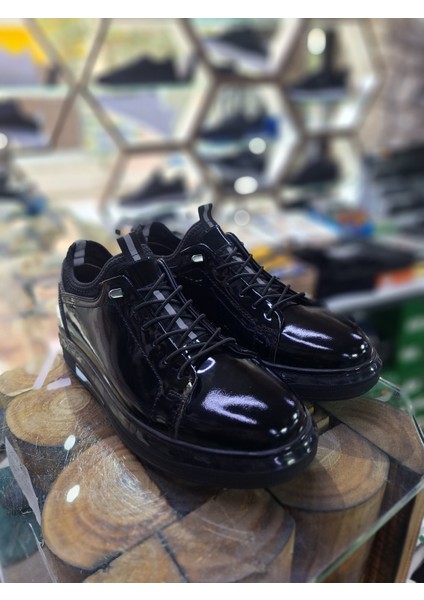 Siyah Rugan Deri Su Geçirmez Comfort Mevsimlik-Kışlık Lastik Bağcık Erkek Sneaker ayakkabı