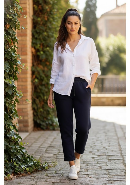 Sy & Black Kadın Çelik Örgü Beli Lastikli ve Bağcıklı Geniş Beden Aralıklı Jogger Pantolon 25P-03 Lacivert