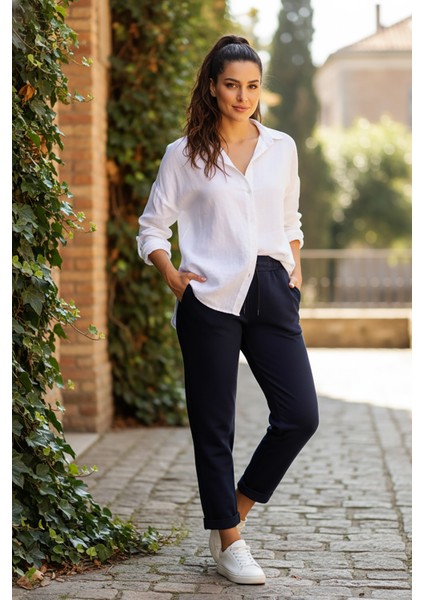 Sy & Black Kadın Çelik Örgü Beli Lastikli ve Bağcıklı Geniş Beden Aralıklı Jogger Pantolon 25P-03 Lacivert fiyatları