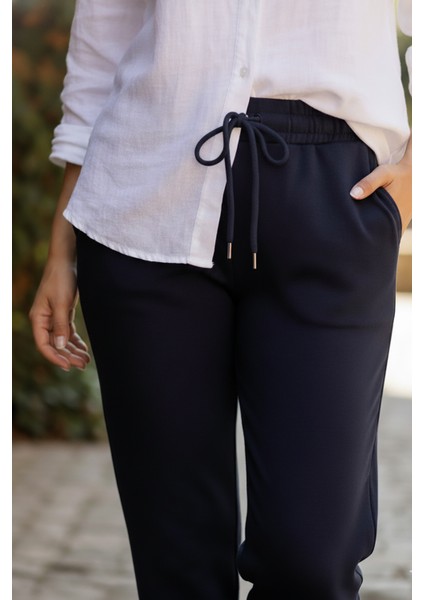 Sy & Black Kadın Çelik Örgü Beli Lastikli ve Bağcıklı Geniş Beden Aralıklı Jogger Pantolon 25P-03 Lacivert modelleri