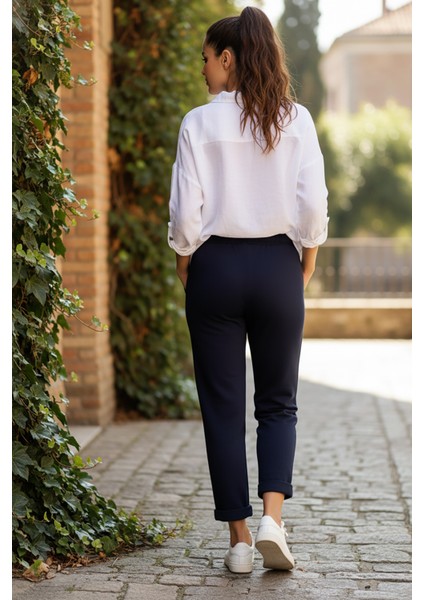 Sy & Black Kadın Çelik Örgü Beli Lastikli ve Bağcıklı Geniş Beden Aralıklı Jogger Pantolon 25P-03 Lacivert fırsatları