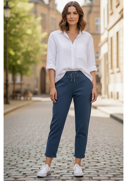 Sy & Black Kadın Çelik Örgü Beli Lastikli ve Bağcıklı Geniş Beden Aralıklı Jogger Pantolon 25P-03 Petrol fiyatları