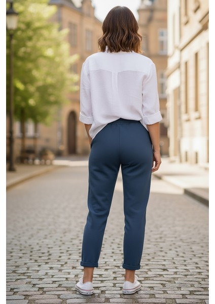 Sy & Black Kadın Çelik Örgü Beli Lastikli ve Bağcıklı Geniş Beden Aralıklı Jogger Pantolon 25P-03 Petrol fırsatları