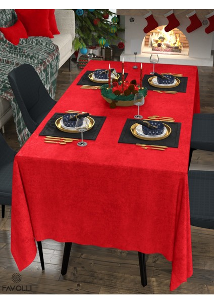 Kadife Dokulu Kırmızı Renk Masa Örtüsü